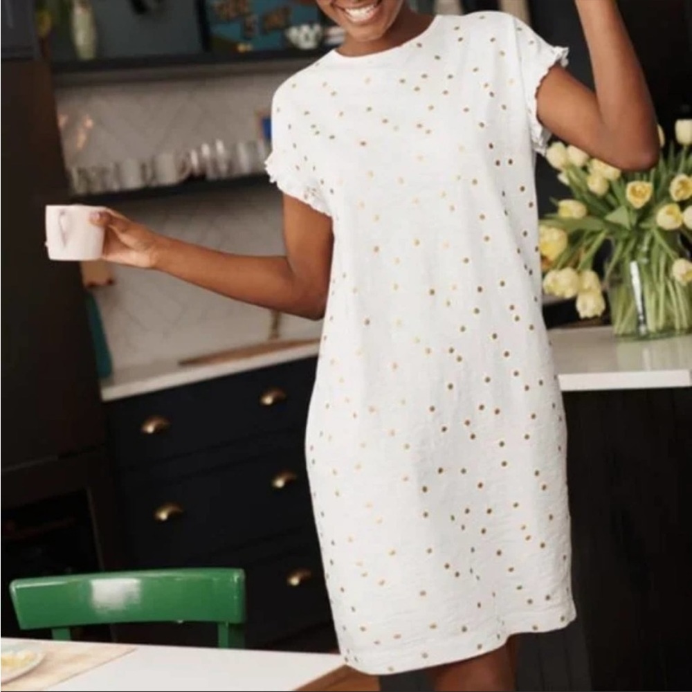 Boden White T-shirt Dress with Gold Polka Dots, 18